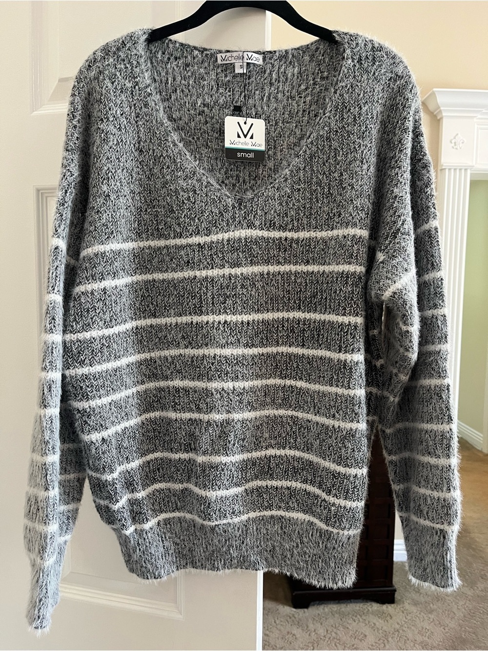Michelle Mae Black and White Striped V-Neck Sweater Super Soft